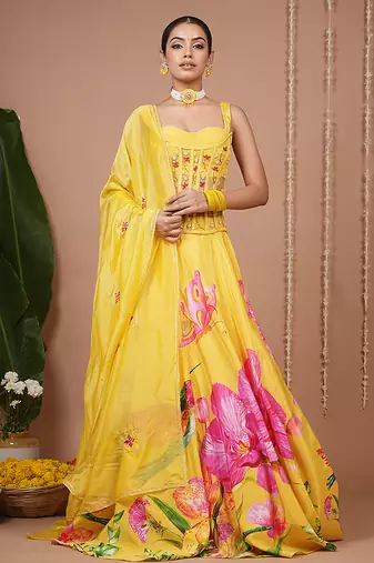 Mustard Floral Printed crepe lehenga