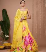 Mustard Floral Printed crepe lehenga