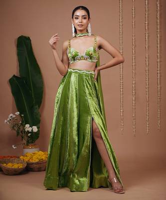 Green plain velvet lehenga 3