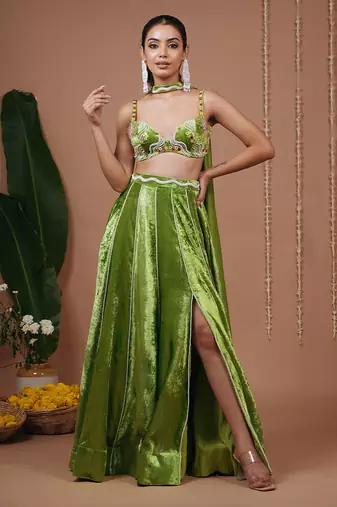 Green plain velvet lehenga
