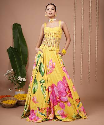 Mustard Floral Printed crepe lehenga 2