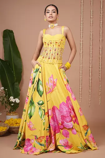 Mustard Floral Printed crepe lehenga