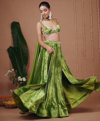 Green plain velvet lehenga 4