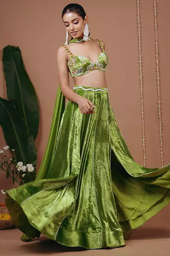 Green plain velvet lehenga