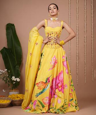 Mustard Floral Printed crepe lehenga 3