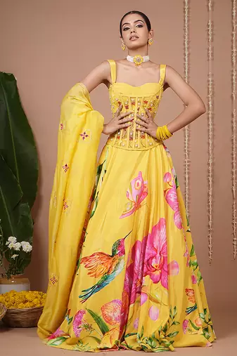 Mustard Floral Printed crepe lehenga