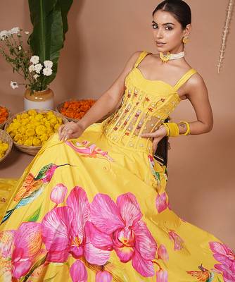 Mustard Floral Printed crepe lehenga 4