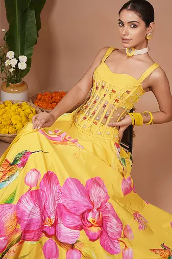 Mustard Floral Printed crepe lehenga
