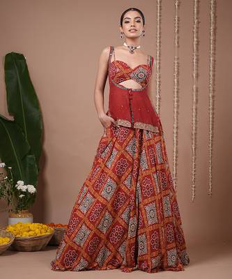 Red Floral Printed georgette lehenga 1