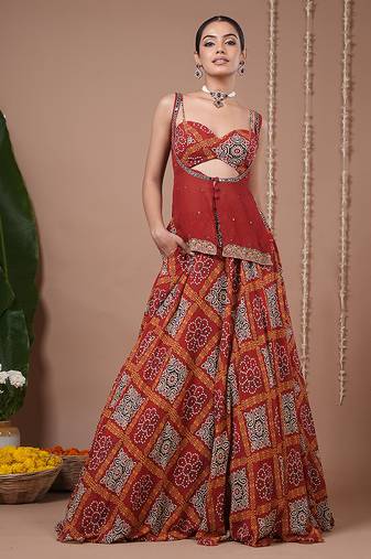 Red Floral Printed georgette lehenga