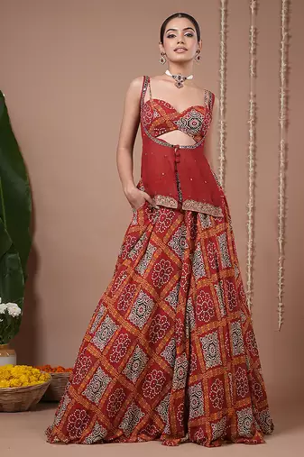 Red Floral Printed georgette lehenga