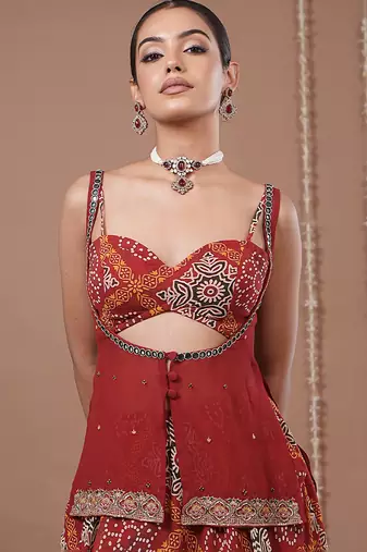Red Floral Printed georgette lehenga