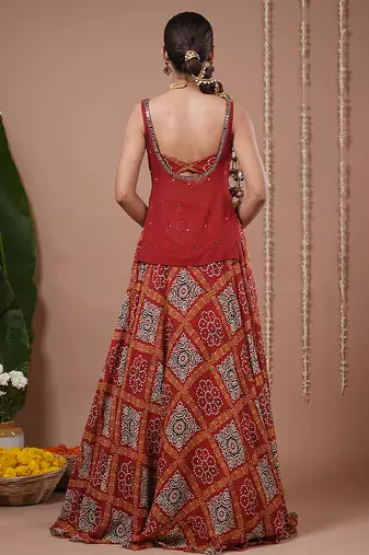 Red Floral Printed georgette lehenga