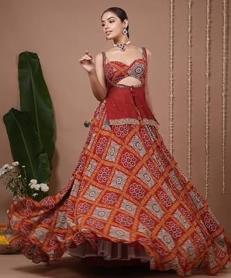Red Floral Printed georgette lehenga 4