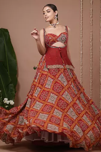 Red Floral Printed georgette lehenga