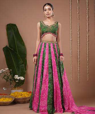 Green Floral Printed georgette lehenga 1