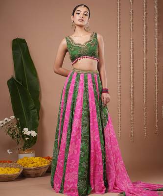 Green Floral Printed georgette lehenga 3