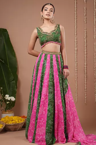 Green Floral Printed georgette lehenga