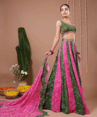 Green Floral Printed georgette lehenga 4