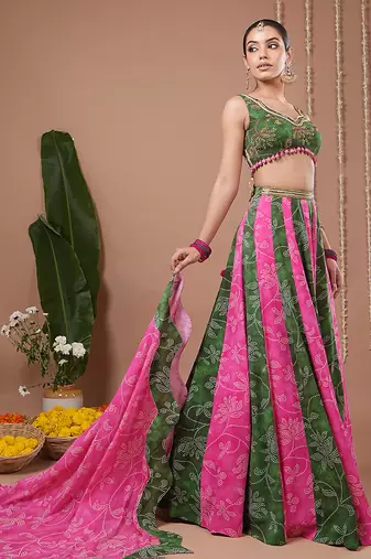 Green Floral Printed georgette lehenga