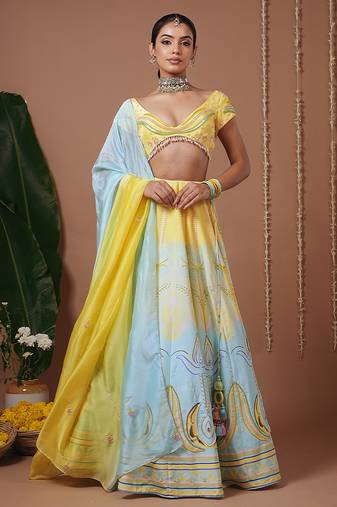 Yellow Floral Printed Crepe lehenga