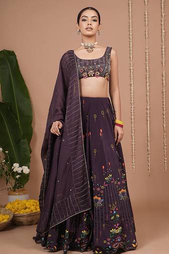 Dark Purple Floral Printed crepe lehenga