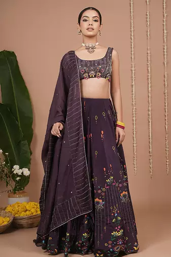 Dark Purple Floral Printed crepe lehenga