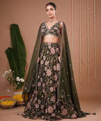 Olive Floral Printed ORGANZA lehenga 1