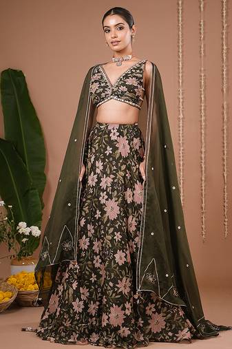 Olive Floral Printed ORGANZA lehenga