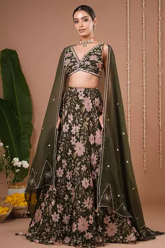 Olive Floral Printed ORGANZA lehenga
