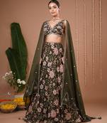 Olive Floral Printed ORGANZA lehenga