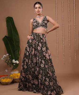 Olive Floral Printed ORGANZA lehenga 2