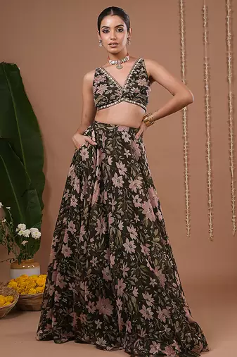 Olive Floral Printed ORGANZA lehenga