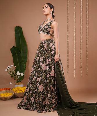 Olive Floral Printed ORGANZA lehenga 3