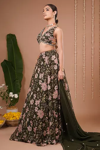 Olive Floral Printed ORGANZA lehenga