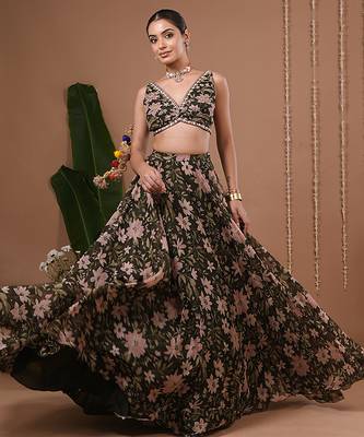 Olive Floral Printed ORGANZA lehenga 4