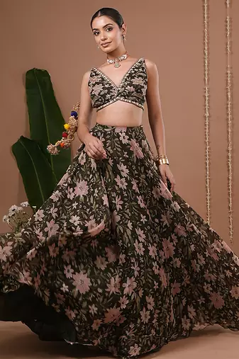 Olive Floral Printed ORGANZA lehenga