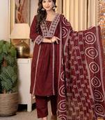 Red Women Embroidered Kurta Set With Printed Dupatta