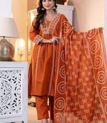 Orange Women Embroidered Kurta Set With Printed Dupatta