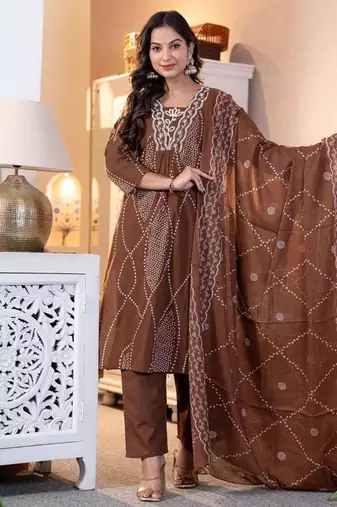 Aaysa women embroidered brown kurta set with printed dupatta