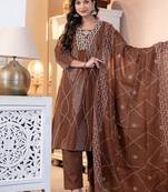 Brown Women Embroidered Kurta Set With Printed Dupatta