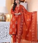 Orange Women Embroidered Kurta Set With Printed Dupatta