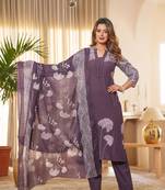 Purple Women Embroidered Kurta Set With Printed Dupatta