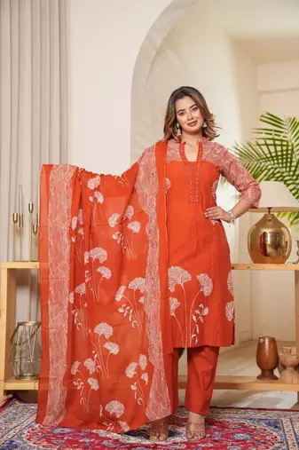 Aaysa women embroidered orange kurta set with printed dupatta