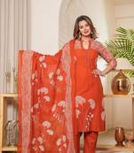 Orange Women Embroidered Kurta Set With Printed Dupatta