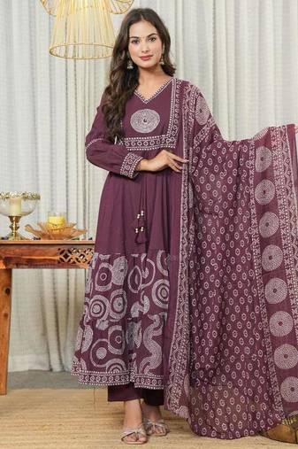 Aaysa women embroidered purple anarkali kurta set with printed dupatta
