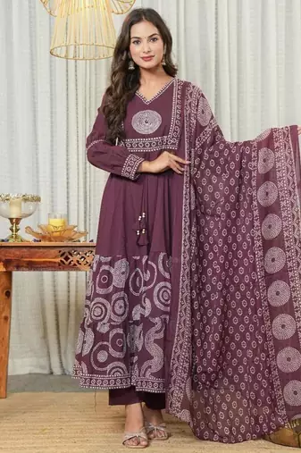 Aaysa women embroidered purple anarkali kurta set with printed dupatta