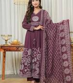 Purple Women Embroidered Anarkali Kurta Set With Printed Dupatta