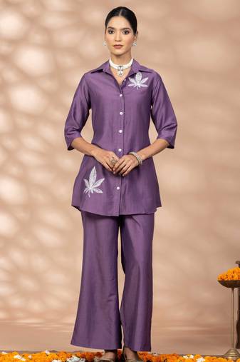 Women solid purple leaf embroidery co-ord set