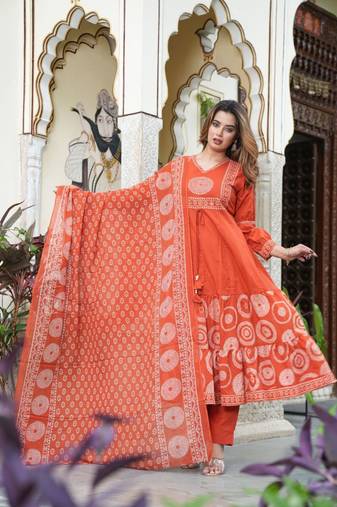 Aaysa women embroidered orange anarkali kurta set with printed dupatta